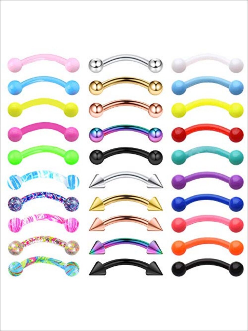 16G Stainless Steel Curved Barbell Piercing Kit 30pc Eyebrow Tragus Lip Rings